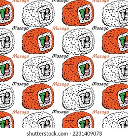 Seamless background with a pattern of hand drawn fresh delicious sushi rolls. Philadelphia, California, Alaska, roll wrapped in cucumber. Sushi set