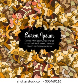 Seamless background pattern with hand drawn leaves in olive and brown tones with place for text.