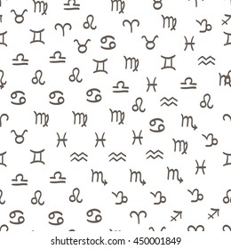 Seamless background pattern of hand drawn Zodiac signs. Vector world Zodiac signs pattern. Vector illustration