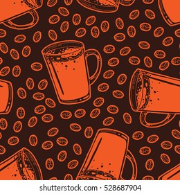 Seamless background with a pattern of hand drawn strong black hot coffee Americano with foam in a transparent cup, coffee beans