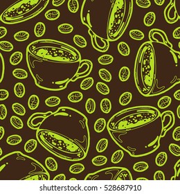 Seamless background with a pattern of hand drawn strong hot black espresso coffee in a cup, coffee beans