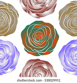 Seamless background pattern. Hand drawn elements. Roses violet, neutral and orange on a white. Vector illustration.