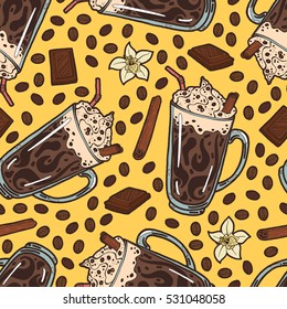 Seamless background with a pattern of hand drawn hot coffee latte with taste of pumpkin with whipped cream, cinnamon sticks, drinking straw, vanilla flower, pieces of chocolate, coffee beans