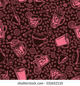 Seamless background with a pattern of hand drawn hot drinks. Coffee in the cup. Americano, espresso, cappuccino, latte with thick foam and cinnamon stick, hot chocolate, mulled wine, tea with a lemon