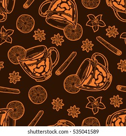 Seamless background with a pattern of hand drawn hot black tea with a slice of lemon in a transparent cup, vanilla flower, cinnamon stick, sliced piece of lemon, star anise.