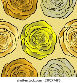 Seamless background pattern. Hand drawn elements. Roses in brown, neutral and yellow colors. Vector illustration.