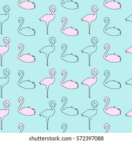 Seamless background pattern with hand drawn isolated silhouette of pink flamingo on blue 