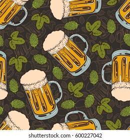 Seamless background with a pattern of hand drawn transparent glass of cold fresh beer with foam and bubbles, hop cone and leaf