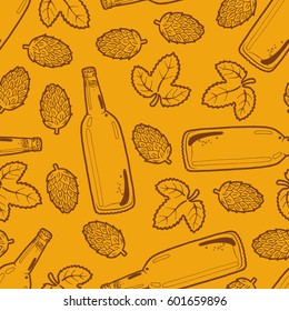 Seamless background with a pattern of hand drawn transparent bottle of cold fresh beer with foam and bubbles closed with a cap, hop cone and leaf