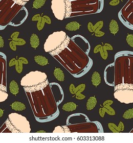 Seamless background with a pattern of hand drawn transparent mug of cold fresh dark beer with foam and bubbles, leaves and cones of hops.