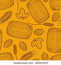Seamless background with a pattern of hand drawn old wooden barrel for beer, leaves and cones of hops, ears of barley