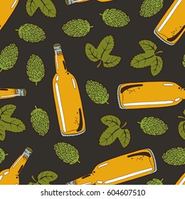 Seamless background with a pattern of hand drawn transparent narrow bottle of cold fresh beer with foam and bubbles closed with a cap