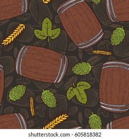 Seamless background with a pattern of hand drawn old wooden barrel for beer, leaves and cones of hops, ears of barley