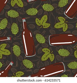 Seamless background with a pattern of hand drawn transparent narrow bottle of dark cold fresh beer with foam and bubbles closed with a cap, hop cones and leaves.