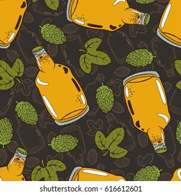 Seamless background with a pattern of hand drawn transparent wide bottle of cold fresh beer with foam and bubbles closed with a cap, hop cones and leaves