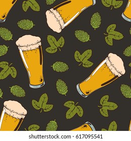 Seamless background with a pattern of hand drawn transparent glass of cold fresh beer with foam and bubbles