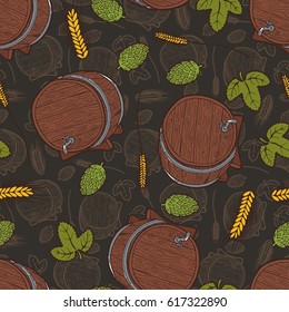 Seamless background with a pattern of hand drawn old wooden barrel for beer with a tap