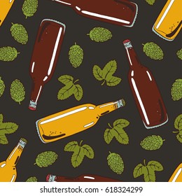 Seamless background with a pattern of hand drawn transparent narrow bottle of dark and light cold fresh beer with foam and bubbles closed with a cap, hop cones and leaves