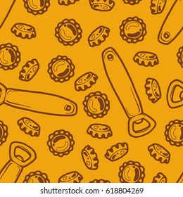 Seamless background with a pattern of hand drawn old metal classic cap for beer and soda bottles