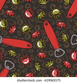 Seamless background with a pattern of hand drawn old metal classic cap opener and caps for beer and soda bottles