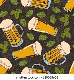 Seamless background with a pattern of hand drawn transparent glasses and mugs of cold fresh beer with foam and bubbles, hop cones and leaves