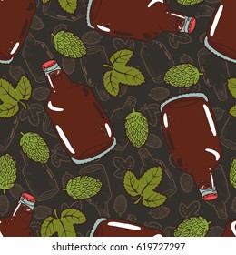 Seamless background with a pattern of hand drawn transparent wide bottle of dark cold fresh beer with foam and bubbles closed with a cap, hop cones and leaves