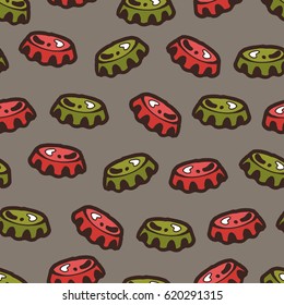 Seamless background with a pattern of hand drawn old metal classic cap for beer and soda bottles
