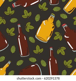 Seamless background with a pattern of hand drawn transparent bottles of cold fresh beer with foam and bubbles closed with caps, hop cones and leaves