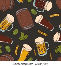 Seamless background with a pattern of hand drawn old wooden barrels for beer, transparent glasses and mugs of cold fresh beer with foam and bubbles, hop cones and leaves, ears of barley