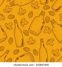 Seamless background with a pattern of hand drawn transparent bottles of cold fresh beer with foam and bubbles closed with caps, hop cones and leaves