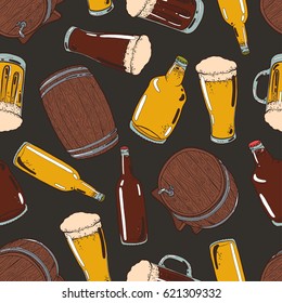 Seamless background with a pattern of hand drawn old wooden barrels, bottles of cold fresh beer with foam and bubbles, transparent glasses