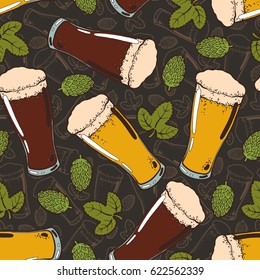 Seamless background with a pattern of hand drawn transparent glasses of cold fresh beer with foam and bubbles, hop cones and leaves