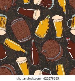 Seamless background with a pattern of hand drawn old wooden barrels, bottles of cold fresh beer with foam and bubbles, transparent glasses