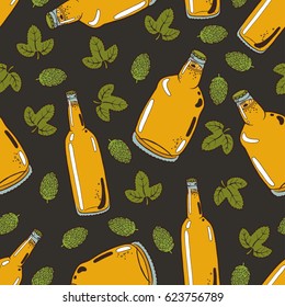 Seamless background with a pattern of hand drawn transparent bottles of cold fresh beer with foam and bubbles closed with caps, hop cones and leaves