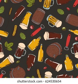 Seamless background with a pattern of hand drawn glasses, mugs and bottles closed with caps of cold fresh beer with foam and bubbles, hop cones and leaves, ears of barley, openers, wooden barrels