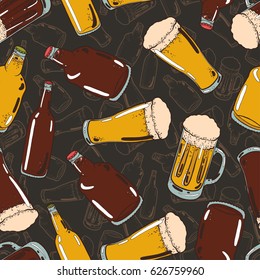 Seamless background with a pattern of hand drawn glasses, mugs and bottles closed with caps of cold fresh beer with foam and bubbles