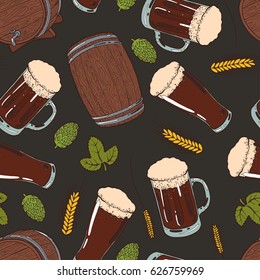 Seamless background with a pattern of hand drawn old wooden barrels for beer, transparent glasses and mugs of cold fresh beer with foam and bubbles, hop cones and leaves, ears of barley