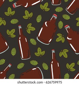 Seamless background with a pattern of hand drawn transparent bottles of cold fresh beer with foam and bubbles closed with caps, hop cones and leaves