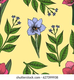 Seamless background pattern of Hand drawn flowers with leaves on white. Vector illustration