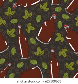 Seamless background with a pattern of hand drawn transparent bottles of cold fresh beer with foam and bubbles closed with caps, hop cones and leaves