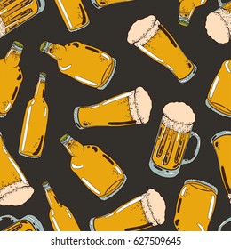 Seamless background with a pattern of hand drawn glasses, mugs and bottles closed with caps of cold fresh beer with foam and bubbles