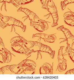 Seamless background with a pattern of hand drawn live lobster in scales, with legs, claws and tail