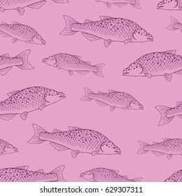 Seamless background with a pattern of hand drawn live floating salmon