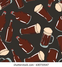 Seamless background with a pattern of hand drawn glasses, mugs and bottles closed with caps of cold fresh beer with foam and bubbles