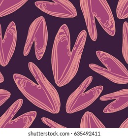 Seamless background with a pattern of hand drawn open shells of mussels with meat