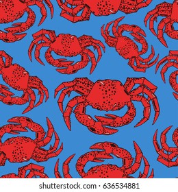 Seamless background with a pattern of hand drawn boiled cooked crab in a shell with claws