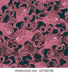 Seamless background with a pattern of hand drawn a living octopus and tentacles of an underwater monster with suckers.