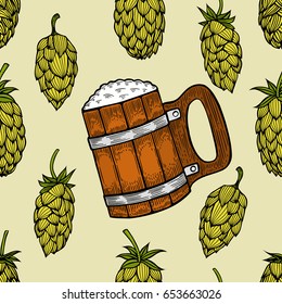Seamless background with a pattern of hand drawn old wooden barrels for beer