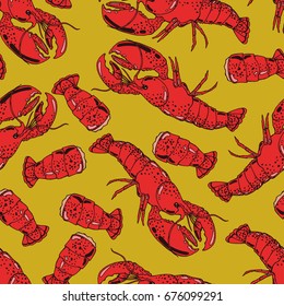 Seamless background with a pattern of hand drawn cooked sea lobster in a shell with claws and boiled lobster tail in scales with meat