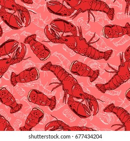 Seamless background with a pattern of hand drawn cooked red boiled lobsters in scales and tails with meat